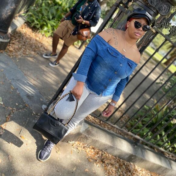 Off The Shoulder Denim Top - Picture 1 of 8